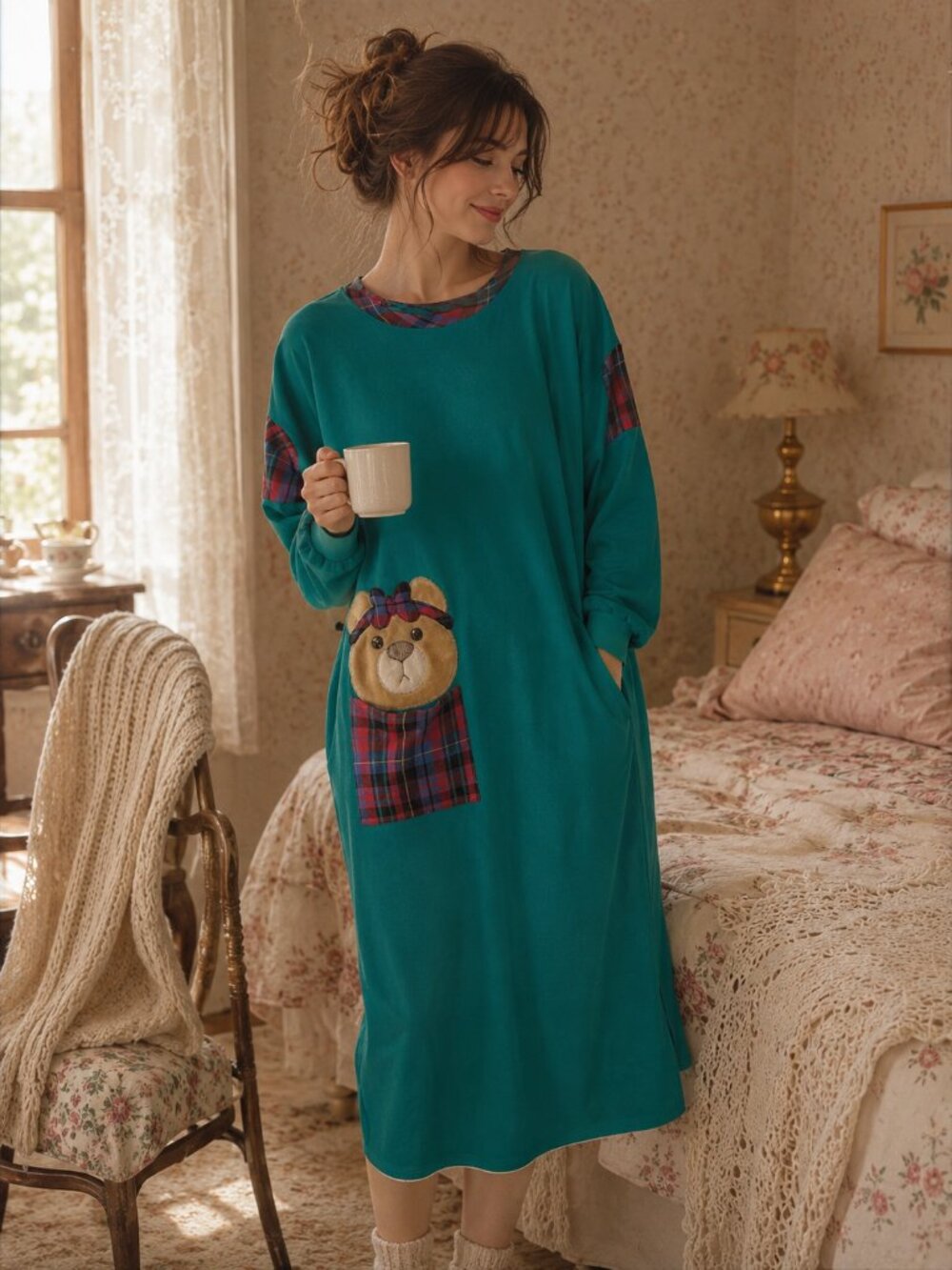 Cozy Teal Bear Pocket Nightgown - Women's Pajama Dress